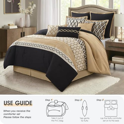 LANCO MODERN LIFESTYLE King Size Comforter Set, Black Gold, 10 Piece Bed in a Bag for All Seasons, Luxury Extreme Comfort Bedding Sets with Bedskirt, Pillow Shams, Euro Shams and Decor Pillows