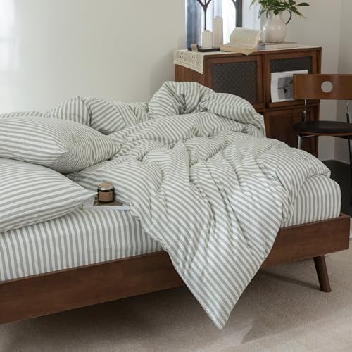 FOSSA Striped Duvet Cover Set 100% Washed Cotton Linen Feel Full