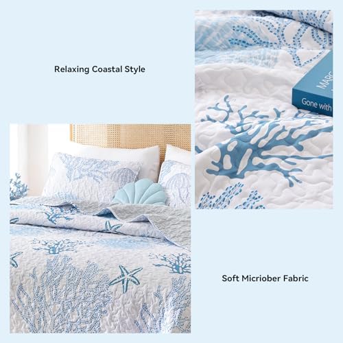 weigelia Coastal Quilt King Size, Blue Coral Lightweight Summer Bedding