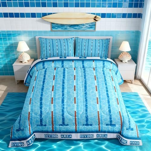 Manfei Swimming Kids Comforter Set King Size,Swim Sports Games Modern Fashion Bedding Set,Boys Girls Adults Room Decor,Swimming Pool Chic Down Comforter,Blue Unique Duvet Insert,2 Pillowcases