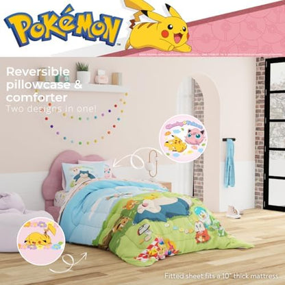 Pokemon Bedding Super Soft Comforter and Sheet Set with Sham, 4 Piece Twin Size, Featuring Snorlax, Pikachu, Eevee & Jigglypuff (Officially Licensed Product) by Franco