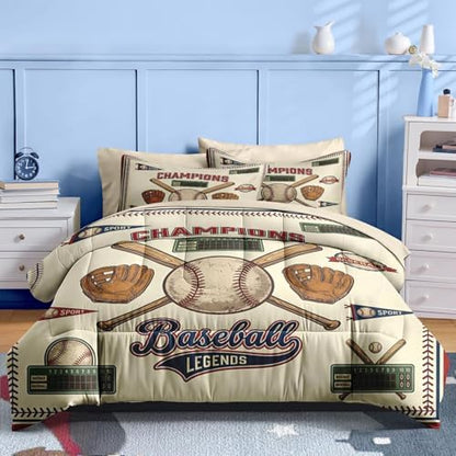 Nesker Queen Comforter Set for Boys, 7 Pieces Baseball Bedding for Kids