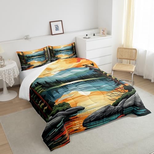 Sunset Comforter Set King Size,Lake House Fishing Camping Bedding Set for Kids Teens Adults Room Decor,Retro Rustic Style Quilt Set,Mountain River Nature Scenery Duvet Insert 3Pcs,2 Pillowcases