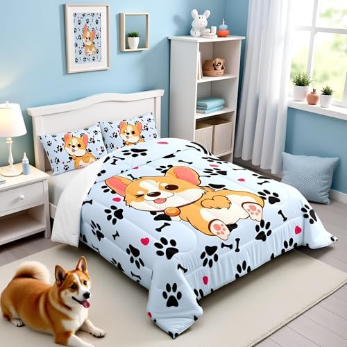 Castle Fairy Cute Corgi Bedding Set Queen Size,Cartoon Dog Footprint Bones Comforter 3pcs for Kids Boys Girls Room Decor,Smiling Doggy Quilt Family Paw Duvet Insert with 2 Pillowcases,Blue