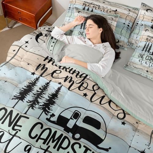 Happy Camping Comforter Set Full, 7 Pieces Rv Camper Bed In A Bag Rustic Farmhouse Bedding Vintage Old Barn Door Bed Set (1 Comforter,2 Pillowcase,2 Throw Pillow Covers,1 Flat Sheet,1 Fitted Sheet)