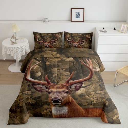 Feelyou Deer Bedding Set Full Size Deer Hunting Comforter Set for Kids Boys Girls Decor Rustic Farmhouse Comforter Tree Branches Duvet Set with 2 Pillowcase 3Pcs Bedding