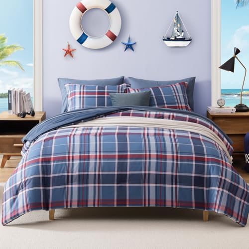 Plaid Queen Comforter Set Navy Red 7 Pieces Farmhouse Bed in a Bag