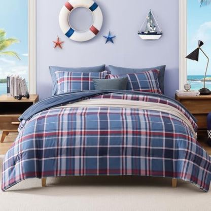 Plaid Queen Comforter Set Navy Red 7 Pieces Farmhouse Bed in a Bag