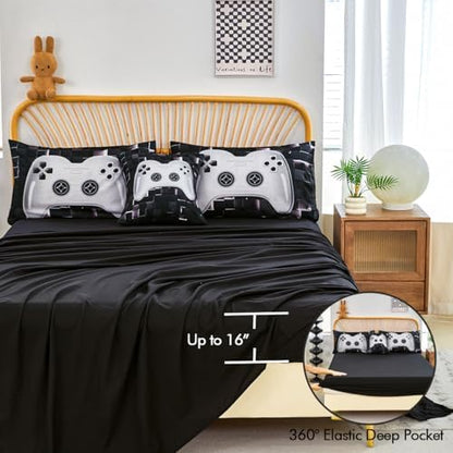 PERFEMET Boys Bedding Set Full Size 6-Piece Video Game Kids Bed in A Bag with Sheets Soft Comfy Black and White Game Console Comforter Set for Teen Girls(White, Full)