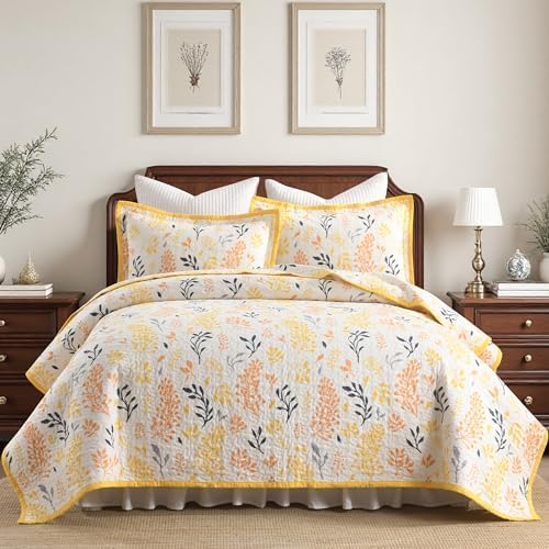 King Size Quilt Set - Cotton Floral Quilts Queen, Yellow, 106x98