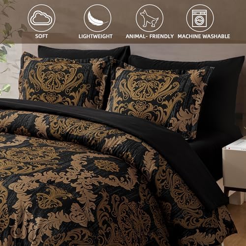WONGS BEDDING Black Comforter Set King Size, Gold Damask Texture 7 Pieces Bed in a Bag Microfiber Comforter Bedding Sets -1 Comforter, 1 Flat Sheet, 1 Fitted Sheet, 2 Pillow Shams, 2 Pillowcases