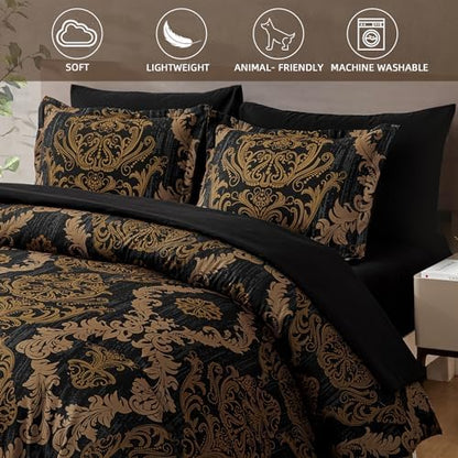 WONGS BEDDING Black Comforter Set Queen Size, Gold Damask Texture 7 Pieces Bed in a Bag Microfiber Comforter Bedding Sets -1 Comforter, 1 Flat Sheet, 1 Fitted Sheet, 2 Pillow Shams, 2 Pillowcases