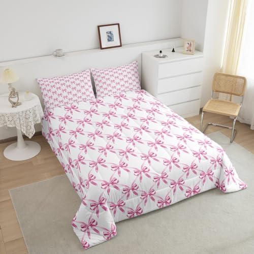 Manfei Pink Bow Comforter Set Toddler Size, Cute Bowknot Geometric Lattice Bedding Set 2pcs, Princess Kawaii Bow Tie Patchwrok Down Comforter for All Season, Kids Girls Room Decor, 1 Pillowcase