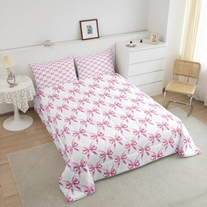 Manfei Pink Bow Comforter Set Toddler Size, Cute Bowknot Geometric Lattice Bedding Set 2pcs, Princess Kawaii Bow Tie Patchwrok Down Comforter for All Season, Kids Girls Room Decor, 1 Pillowcase