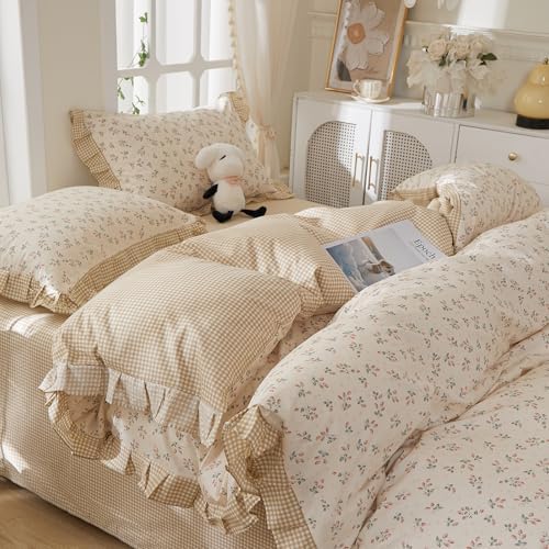 mixinni Beige Floral Duvet Cover Twin Size, 100% Cotton Cute Strawberry Floral Ruffle Bedding Set, Vintage Cottagecore Reversible Tan Gingham Aesthetic 3PC with Zipper Closure & Pillowcases