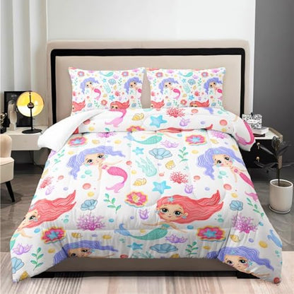 Mermaid Comforter Set Twin Size Fairy Tale Sea Shell Grass Bedding Set Starfish Quilt Bed Set for Kid Girls with 1 Comforter and 2 Pillowcases
