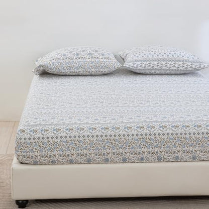 DAUAOTO Queen Size Printed Sheets Set, 100% Cotton Bedding Sets, Up to 14" Deep Mattress, Vintage Cottagecore Pattern Bedlinen Set, Flower Blue