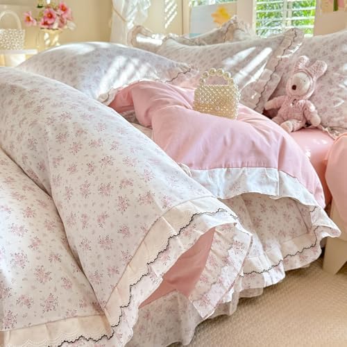 French Style Ruffle Duvet Cover King with Pink Flower Pattern, 100% Cotton Vintage Cottagecore Duvet Cover with 2 Pillowcases, Princess Lace Bedding Botanical Flower Comforter Cover with Zipper Ties