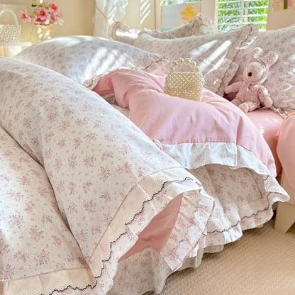 French Style Ruffle Duvet Cover King with Pink Flower Pattern, 100% Cotton Vintage Cottagecore Duvet Cover with 2 Pillowcases, Princess Lace Bedding Botanical Flower Comforter Cover with Zipper Ties
