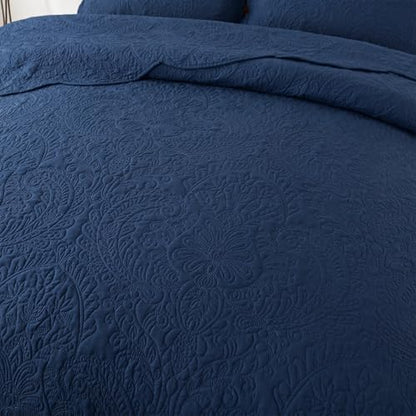 HoneiLife Queen Quilt Bedding Set - Microfiber Quilt Sets for Queen Bed, 3-Piece Lightweight Bedspreads,Reversible Coverlets Rustic Bedlinen Sets, Floral Bedding Set All Season Quilts-Navy