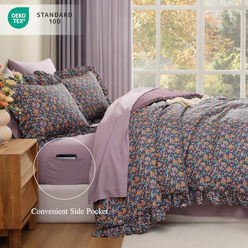 BLOOMHAVEN Full Size Comforter Sets-7 Pieces Floral Ruffle Bedding Set