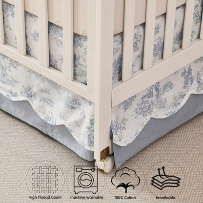 Brandream Scallop Edge Organic Cotton Crib Skirt, Baby Girl, Gender Neutral Crib Skirt Toddler Bedskirt French Country Toile Farmhouse Chic Nursery Crib Bed Skirt 2-Tiered with Solid Blue Skirt