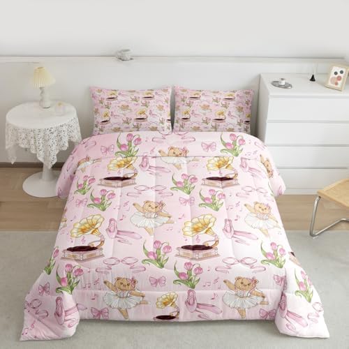 Pink Bowknot Kids Bedding Set King Size,Ballet Shoe Bow Tie Cute Bear Comforter Set，Music Note Tulip Quilt Comforter,Princess Bedroom Duvet Insert,2 Pillowcases