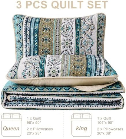 WONGS BEDDING Boho Quilt King Size,3 Pcs Bedspread Bedding Set, Blue Brown
