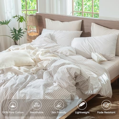 MooMee Striped Duvet Cover Set 100% Washed Cotton Linen Like Oversized King