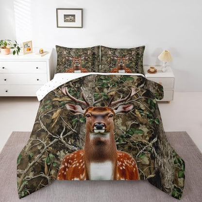 Feelyou Camo Deer Comforter Set Twin Size Deer Antlers Army Camouflage Bedding Set Boys Girls Wild Animal Hunting Comforter Set Forest Branches Duvet Insert Bed Set 2Pcs