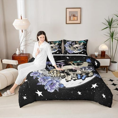 Star Moon Comforter Set Queen Size Mushroom Sugar Skull Bedding Set 3pcs for Kids Girls Boys Youth Bedroom Decor Exotic Plants Quilted Duvet Purple Flower Butterfly Duvet Insert,Black White