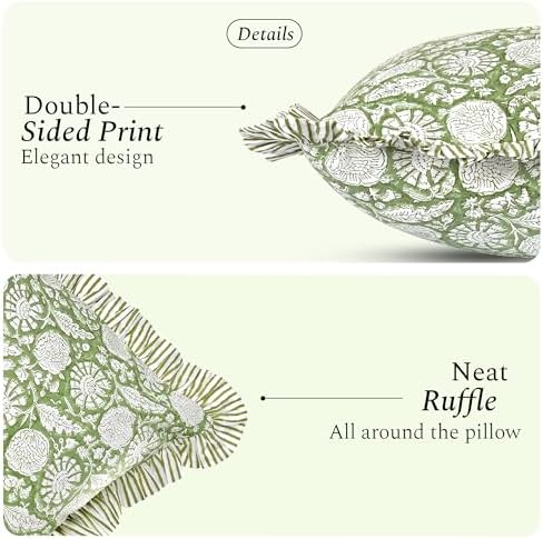 CPC Block Print Olive Bloom Ruffle Cotton Lumbar Pillow Cover 12x20 inch