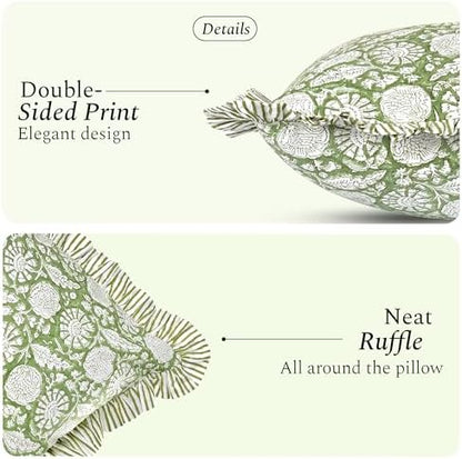 CPC Block Print Olive Bloom Ruffle Cotton Lumbar Pillow Cover 12x20 inch