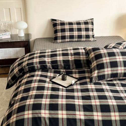 Mucalis Black Buffalo Plaid Duvet Cover King 100% Washed Cotton Green Red Checkered Duvet Cover Vintage 3 Piece Grid Bedding Set with Zipper Closure 4 Corner Ties