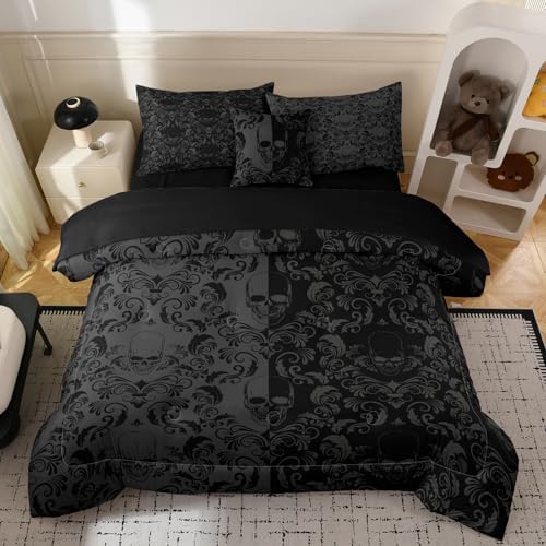 6pc Skull Comforter Set,Queen Size Gothic Bedding Sets for Kids,Gothic Comforter Set with 1 Quilt+1 Flat Sheet+1 Fitted Sheet+2 Pillowcases+1 Cushion Cover(Skulls Queen)