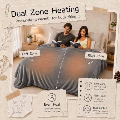 Electric Heated Blanket Queen Size 84"x90", Dual Controllers, Light Gray