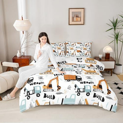 Feelyou Kids Cartoon Excavator Bedding Set Boys Vehicles Truck Car Comforter Child Cute Building Equipment Comforter Set Funny Construction Transport Duvet Set Colorful Room Decor Queen Size Boys