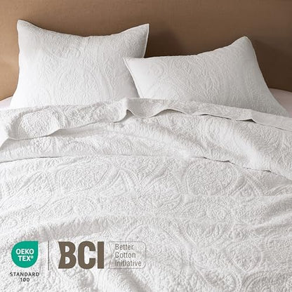 palassio White Paisley 100% Cotton Quilt Queen Size Bedding Sets with 2 Pillow Shams, Boho Floral Lightweight Farmhouse Country Vintage Soft Bedspread Shabby Chic Coverlet for All Season, 3 Pieces