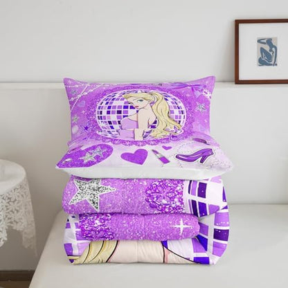 Girly Princess Kids Comforter Set Twin Size,High-heeled Shoes Lip Bowknot Romantic Bedding Set,Girls Women Room Decor,Glitter Sequin Diamond Down Comforter,Purple Dreamy Duvet Insert,1 Pillowcase