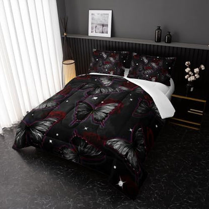 Butterfly Flowers Comforter Sets King Size, Black Butterfly Flowers 3D Animal Pattern Kids Bedding Sets for Girls Teens 3 Piece Bedroom Decor Comforter with 2 Pillowcases