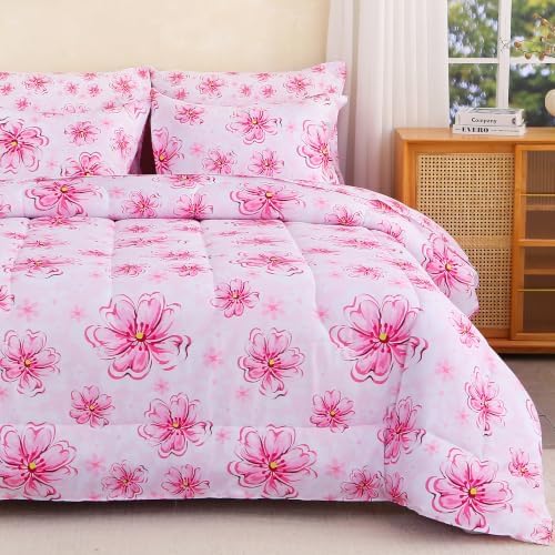 lasoftan Floral Queen Comforter Set with Sheets, 7 piece Luxury Vintage Bedding, Soft Microfiber Bed in a Bag, Cozy Lightweight Bed Set, Pink Floral