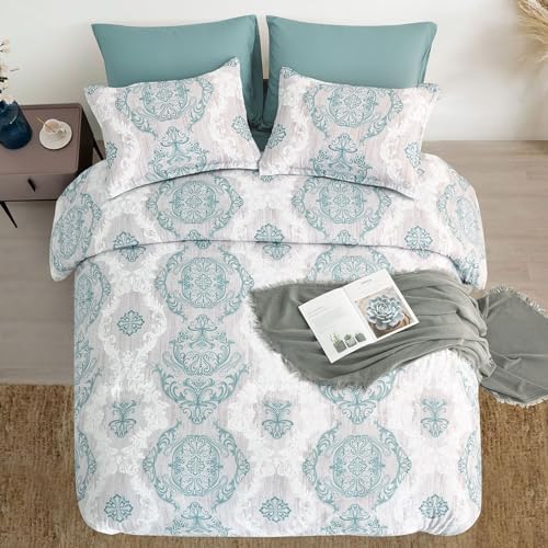 WONGS BEDDING Aqua Comforter Set Queen Size, Damask Texture 7 Pieces Bed in a Bag Microfiber Bohemian Comforter Bedding Sheet Set with Comforter, Flat Sheet, Fitted Sheet,Pillow Shams,Pillowcases