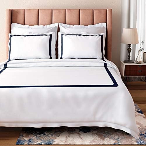 Bioweaves 100% Organic Cotton Banded Full/Queen Duvet Cover Set, 300 Thread Count Sateen Weave GOTS Certified Comforter Cover with Buttoned Closure and 2 Pillow Shams – White & Navy Blue, 90x90 inches