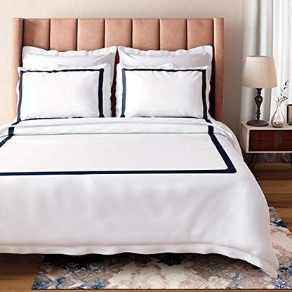 Bioweaves 100% Organic Cotton Banded Full/Queen Duvet Cover Set, 300 Thread Count Sateen Weave GOTS Certified Comforter Cover with Buttoned Closure and 2 Pillow Shams – White & Navy Blue, 90x90 inches