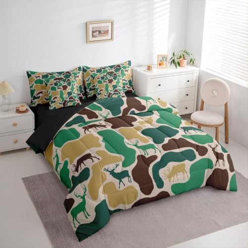 Erosebridal Deer Hunting Camo Bedding Set Twin Forset Wildlife Camouflage Comforter Set 7 Piece Beige Brown Green Camo Bed in A Bag for Kids Farmhouse Animal Quilt with Flat Fitted Sheet