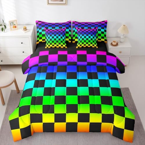 Multicolored Checkered Retro Comforter Set With Sheets 7 Piece Twin Size Geometric Vintage Bed in a Bag Kids Boys Girls Colorful Bedding Set Modern Groovy Aesthetic Bedroom Decor Breathable Soft