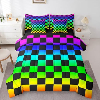 Multicolored Checkered Retro Comforter Set With Sheets 7 Piece Twin Size Geometric Vintage Bed in a Bag Kids Boys Girls Colorful Bedding Set Modern Groovy Aesthetic Bedroom Decor Breathable Soft