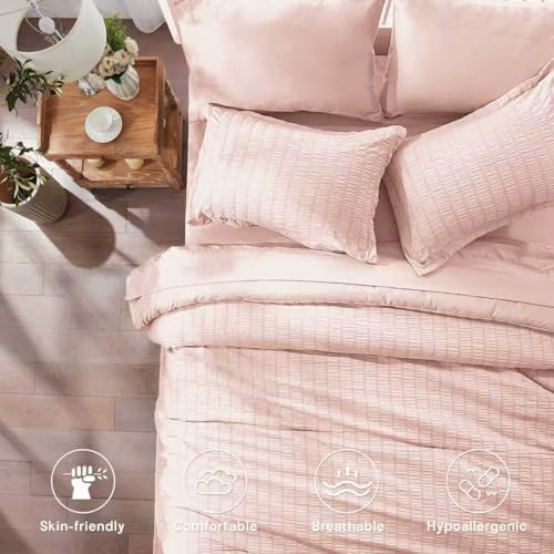 Queen Comforter Set 7 Piece, Pink Bed in a Bag Queen Size Bedding Sets