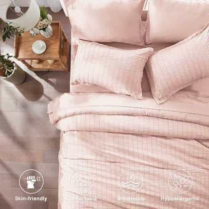Queen Comforter Set 7 Piece, Pink Bed in a Bag Queen Size Bedding Sets