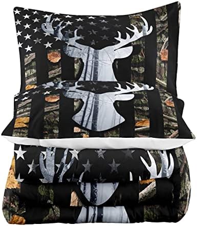 LUVIVIHOME 2PCS Deer Hunting Comforter Set Twin Size, Camo Bed Set Patriotic Black American Flag Bedding, Forest Animal Wildlife Country Lodge Rustic Farmhouse Cabin Camouflage Quilt, 1 Pillow Sham